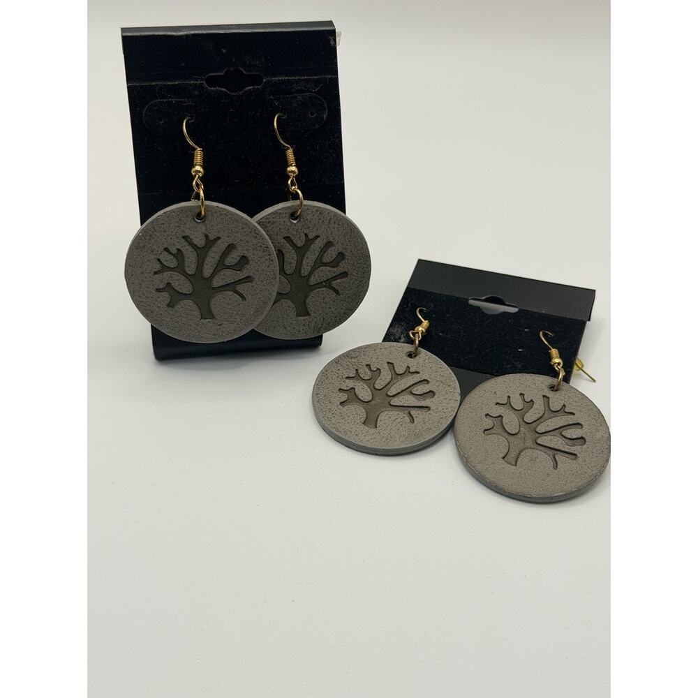 Gray Tree of life leather disc earring
